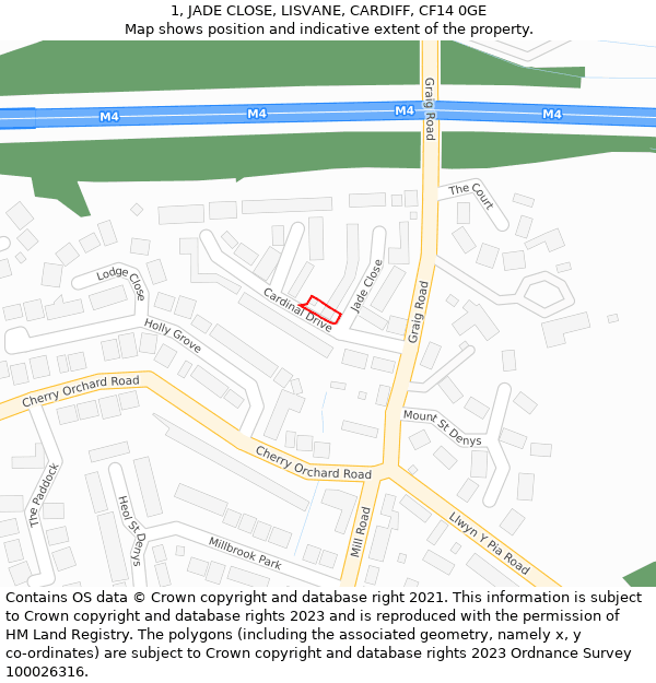 1, JADE CLOSE, LISVANE, CARDIFF, CF14 0GE: Location map and indicative extent of plot
