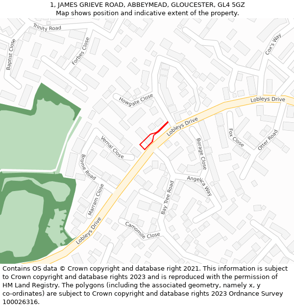 1, JAMES GRIEVE ROAD, ABBEYMEAD, GLOUCESTER, GL4 5GZ: Location map and indicative extent of plot