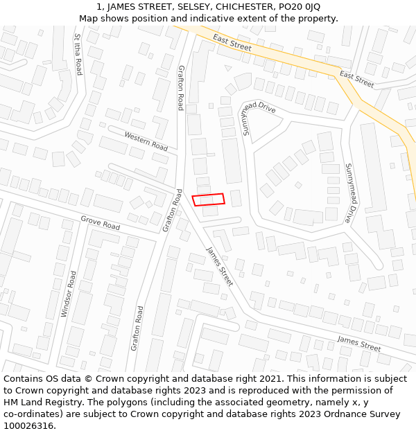 1, JAMES STREET, SELSEY, CHICHESTER, PO20 0JQ: Location map and indicative extent of plot