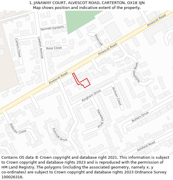 1, JANAWAY COURT, ALVESCOT ROAD, CARTERTON, OX18 3JN: Location map and indicative extent of plot