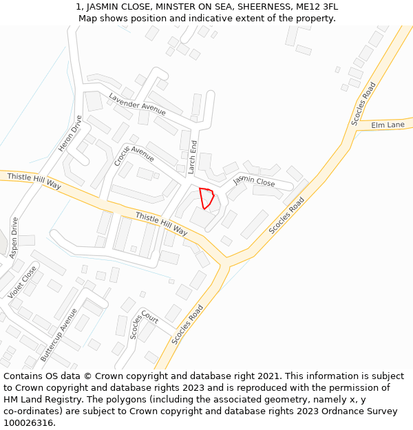 1, JASMIN CLOSE, MINSTER ON SEA, SHEERNESS, ME12 3FL: Location map and indicative extent of plot