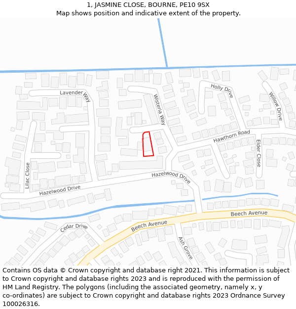 1, JASMINE CLOSE, BOURNE, PE10 9SX: Location map and indicative extent of plot