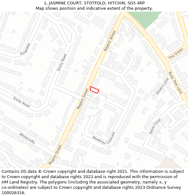 1, JASMINE COURT, STOTFOLD, HITCHIN, SG5 4RP: Location map and indicative extent of plot