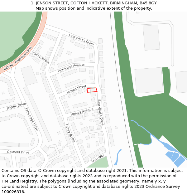 1, JENSON STREET, COFTON HACKETT, BIRMINGHAM, B45 8GY: Location map and indicative extent of plot