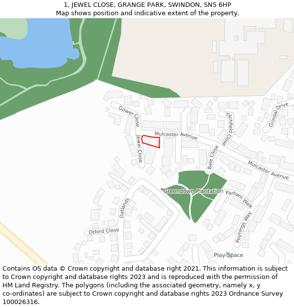 1, JEWEL CLOSE, GRANGE PARK, SWINDON, SN5 6HP: Location map and indicative extent of plot