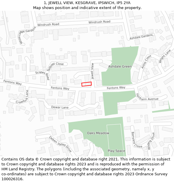1, JEWELL VIEW, KESGRAVE, IPSWICH, IP5 2YA: Location map and indicative extent of plot
