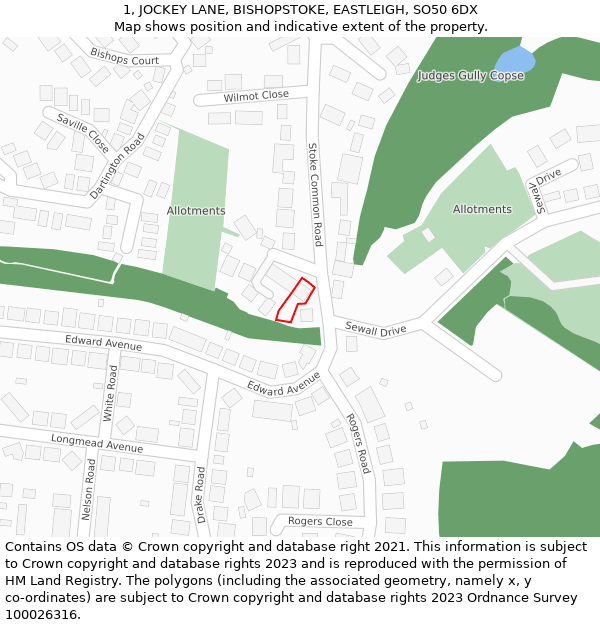 1, JOCKEY LANE, BISHOPSTOKE, EASTLEIGH, SO50 6DX: Location map and indicative extent of plot
