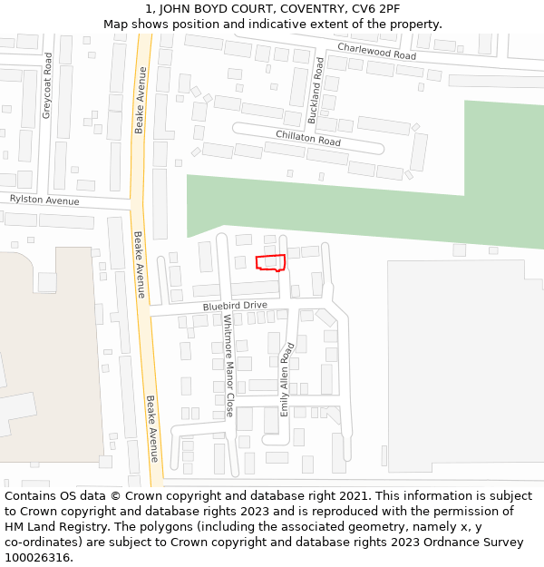 1, JOHN BOYD COURT, COVENTRY, CV6 2PF: Location map and indicative extent of plot