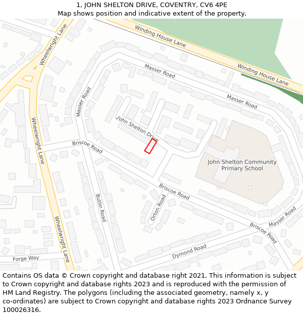 1, JOHN SHELTON DRIVE, COVENTRY, CV6 4PE: Location map and indicative extent of plot