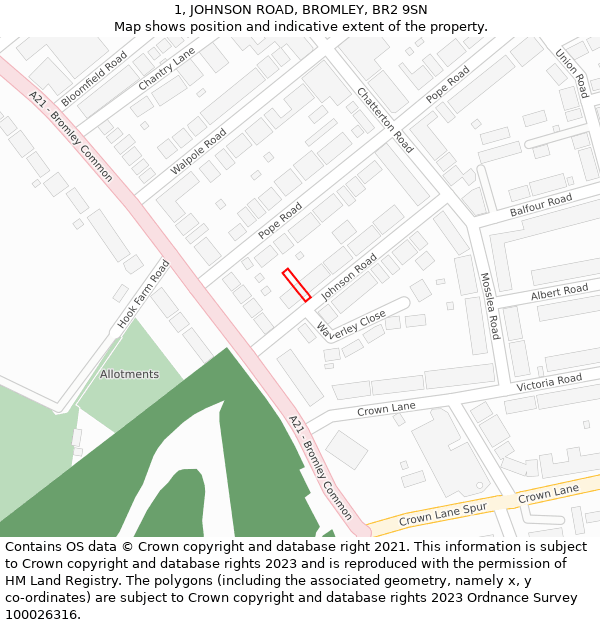 1, JOHNSON ROAD, BROMLEY, BR2 9SN: Location map and indicative extent of plot