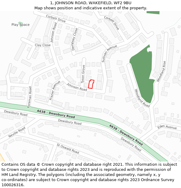 1, JOHNSON ROAD, WAKEFIELD, WF2 9BU: Location map and indicative extent of plot