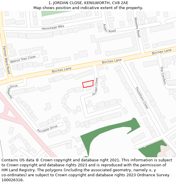 1, JORDAN CLOSE, KENILWORTH, CV8 2AE: Location map and indicative extent of plot