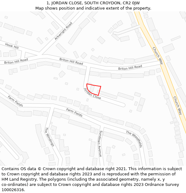 1, JORDAN CLOSE, SOUTH CROYDON, CR2 0JW: Location map and indicative extent of plot