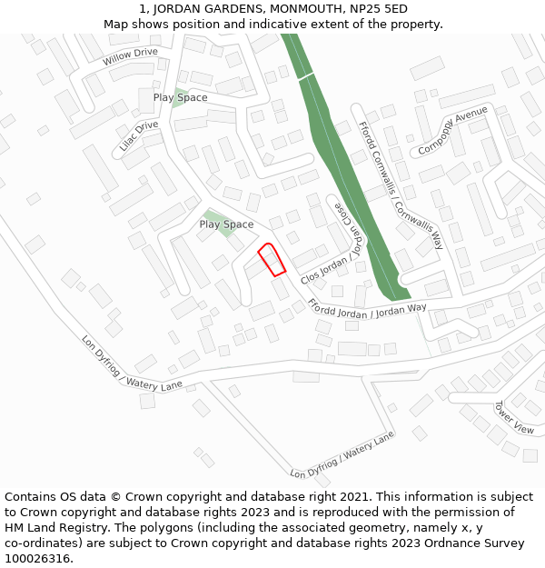 1, JORDAN GARDENS, MONMOUTH, NP25 5ED: Location map and indicative extent of plot