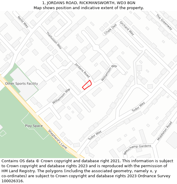 1, JORDANS ROAD, RICKMANSWORTH, WD3 8GN: Location map and indicative extent of plot