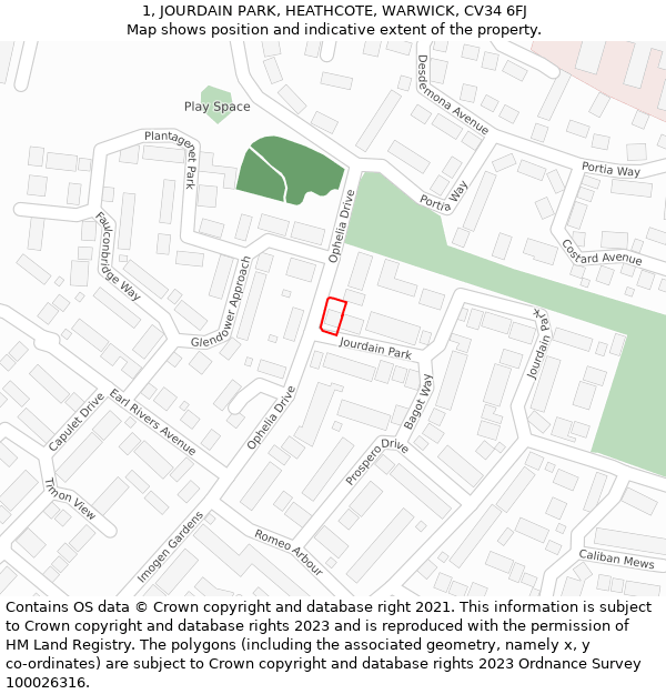 1, JOURDAIN PARK, HEATHCOTE, WARWICK, CV34 6FJ: Location map and indicative extent of plot