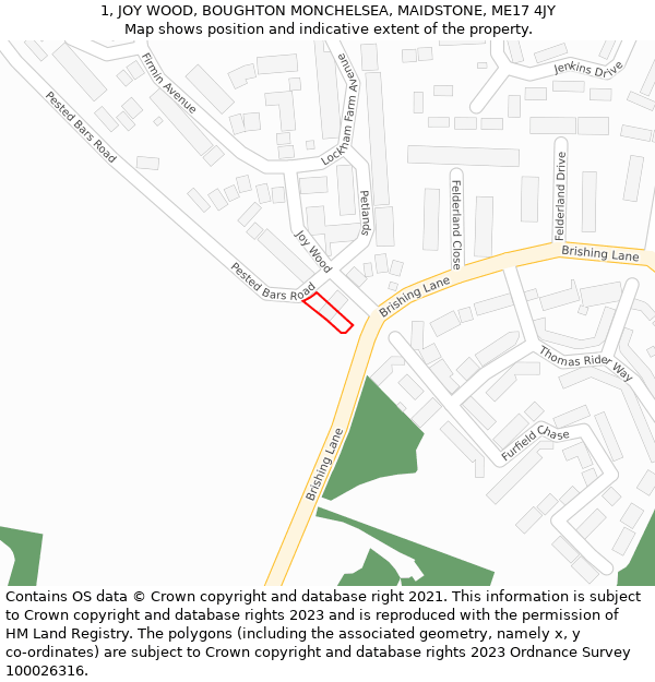 1, JOY WOOD, BOUGHTON MONCHELSEA, MAIDSTONE, ME17 4JY: Location map and indicative extent of plot