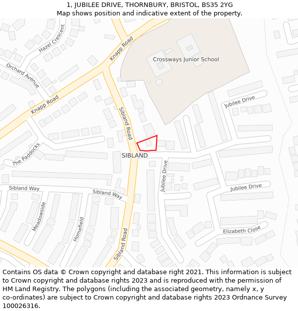 1, JUBILEE DRIVE, THORNBURY, BRISTOL, BS35 2YG: Location map and indicative extent of plot