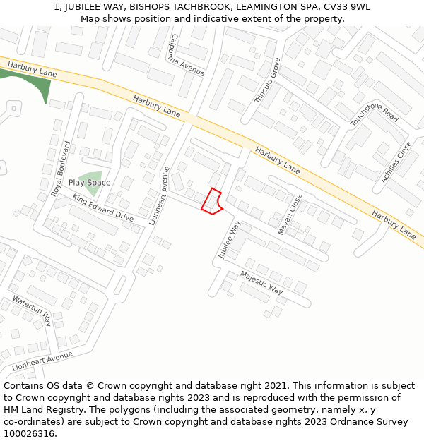 1, JUBILEE WAY, BISHOPS TACHBROOK, LEAMINGTON SPA, CV33 9WL: Location map and indicative extent of plot