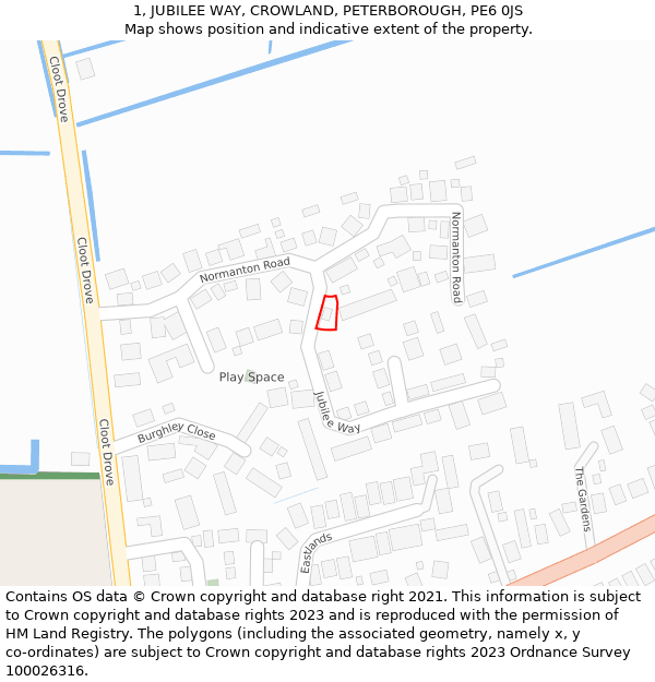 1, JUBILEE WAY, CROWLAND, PETERBOROUGH, PE6 0JS: Location map and indicative extent of plot