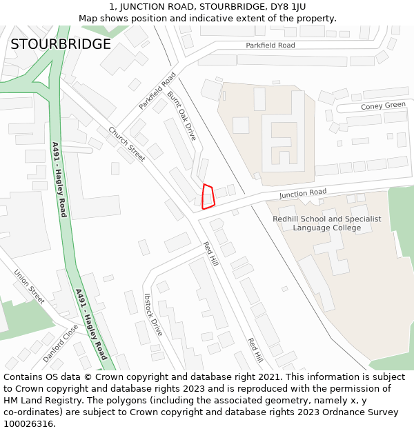 1, JUNCTION ROAD, STOURBRIDGE, DY8 1JU: Location map and indicative extent of plot