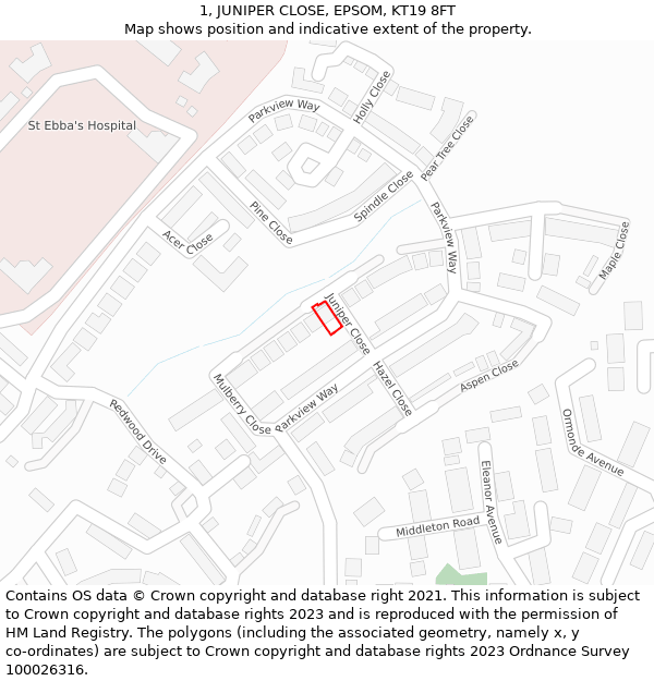 1, JUNIPER CLOSE, EPSOM, KT19 8FT: Location map and indicative extent of plot