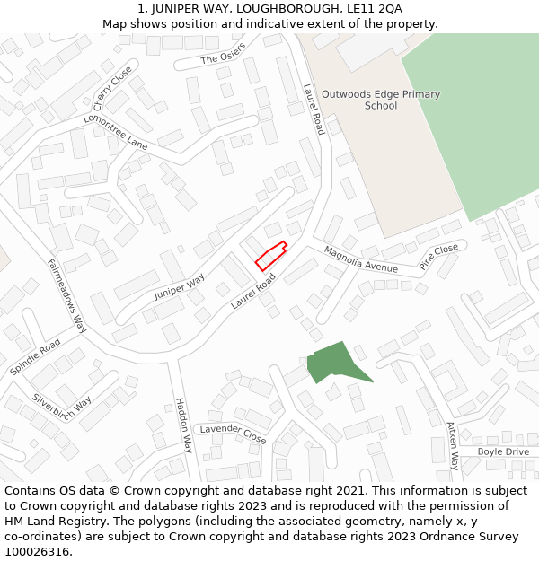 1, JUNIPER WAY, LOUGHBOROUGH, LE11 2QA: Location map and indicative extent of plot