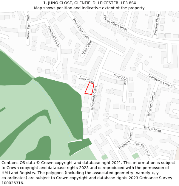 1, JUNO CLOSE, GLENFIELD, LEICESTER, LE3 8SX: Location map and indicative extent of plot