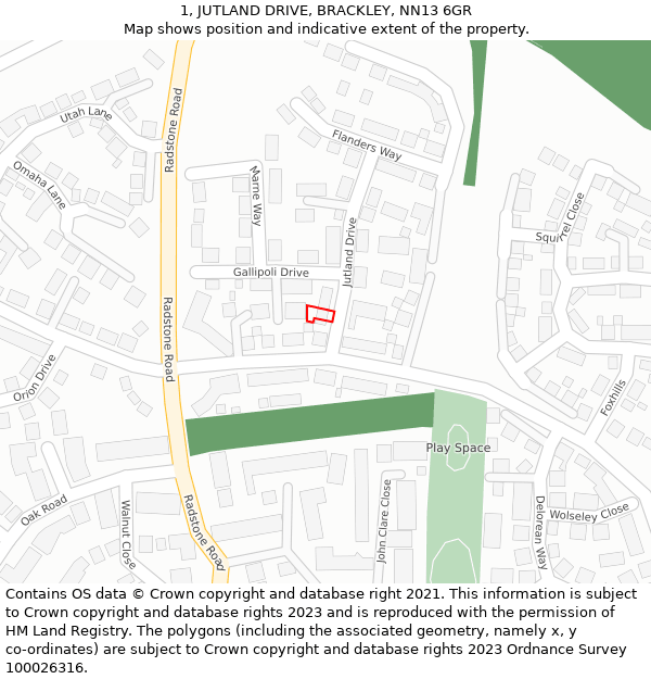 1, JUTLAND DRIVE, BRACKLEY, NN13 6GR: Location map and indicative extent of plot