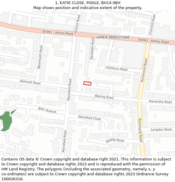 1, KATIE CLOSE, POOLE, BH14 0BH: Location map and indicative extent of plot