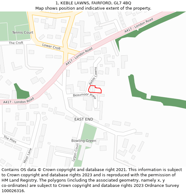 1, KEBLE LAWNS, FAIRFORD, GL7 4BQ: Location map and indicative extent of plot