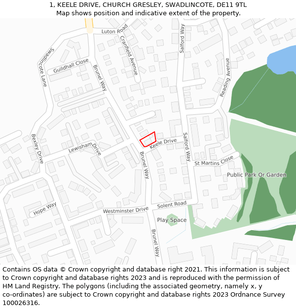 1, KEELE DRIVE, CHURCH GRESLEY, SWADLINCOTE, DE11 9TL: Location map and indicative extent of plot