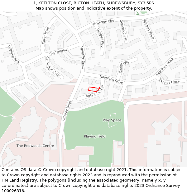 1, KEELTON CLOSE, BICTON HEATH, SHREWSBURY, SY3 5PS: Location map and indicative extent of plot