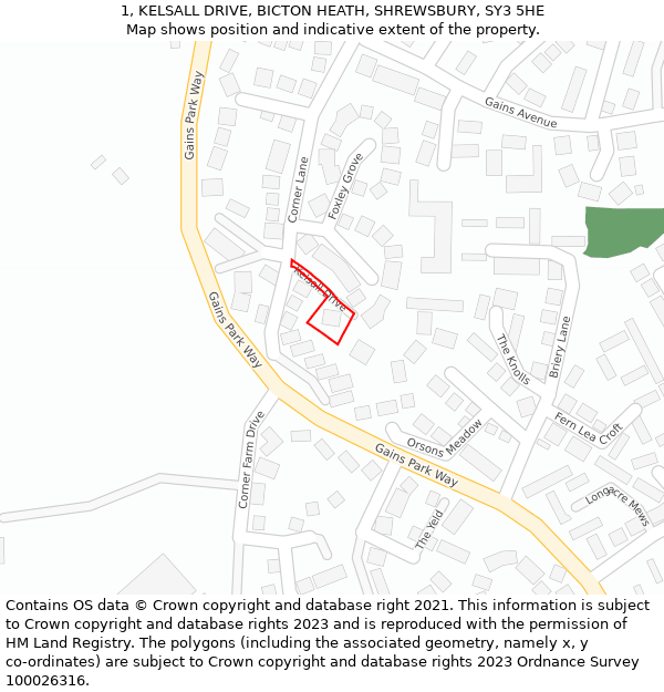 1, KELSALL DRIVE, BICTON HEATH, SHREWSBURY, SY3 5HE: Location map and indicative extent of plot