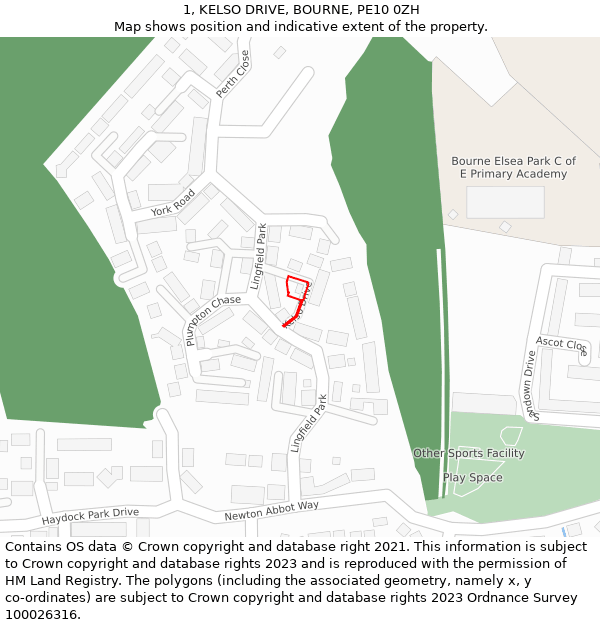1, KELSO DRIVE, BOURNE, PE10 0ZH: Location map and indicative extent of plot