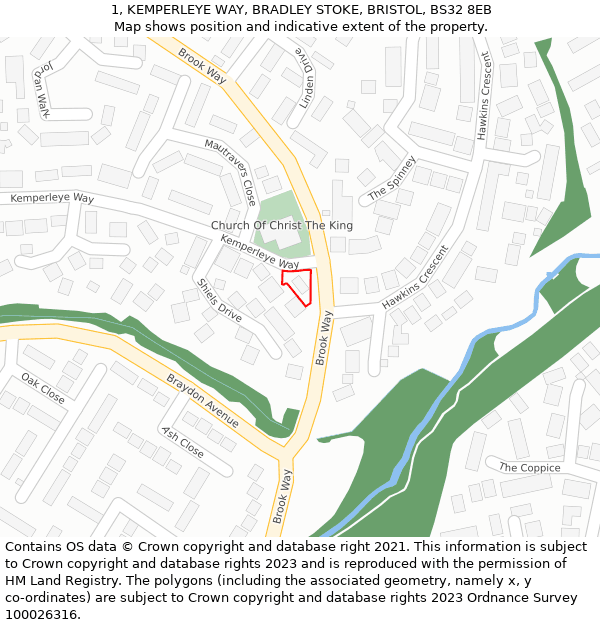 1, KEMPERLEYE WAY, BRADLEY STOKE, BRISTOL, BS32 8EB: Location map and indicative extent of plot