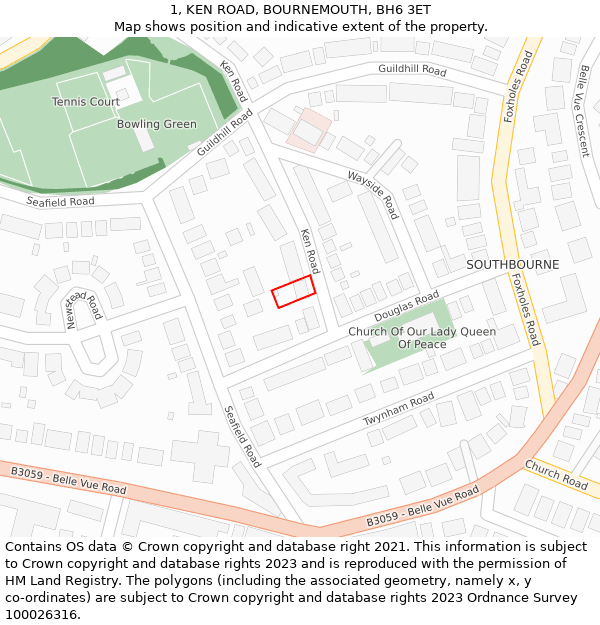 1, KEN ROAD, BOURNEMOUTH, BH6 3ET: Location map and indicative extent of plot