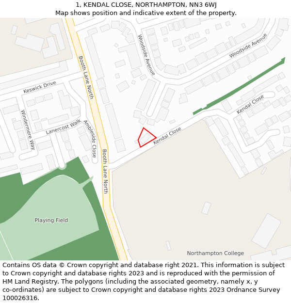 1, KENDAL CLOSE, NORTHAMPTON, NN3 6WJ: Location map and indicative extent of plot