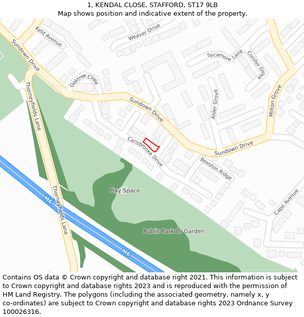 1, KENDAL CLOSE, STAFFORD, ST17 9LB: Location map and indicative extent of plot