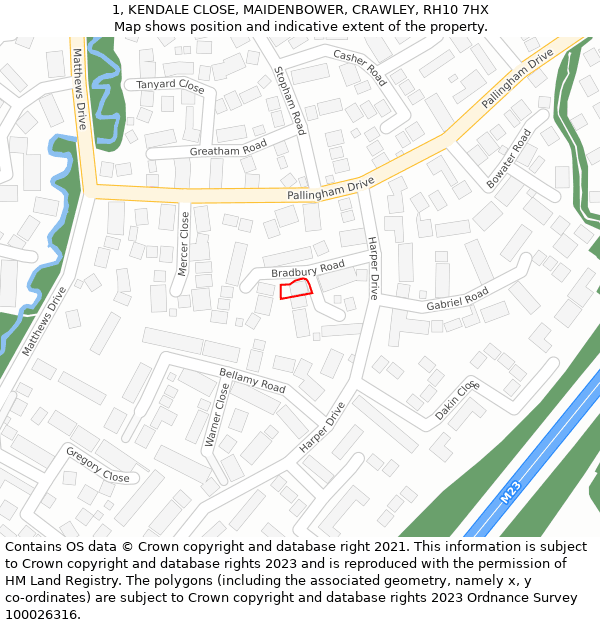 1, KENDALE CLOSE, MAIDENBOWER, CRAWLEY, RH10 7HX: Location map and indicative extent of plot