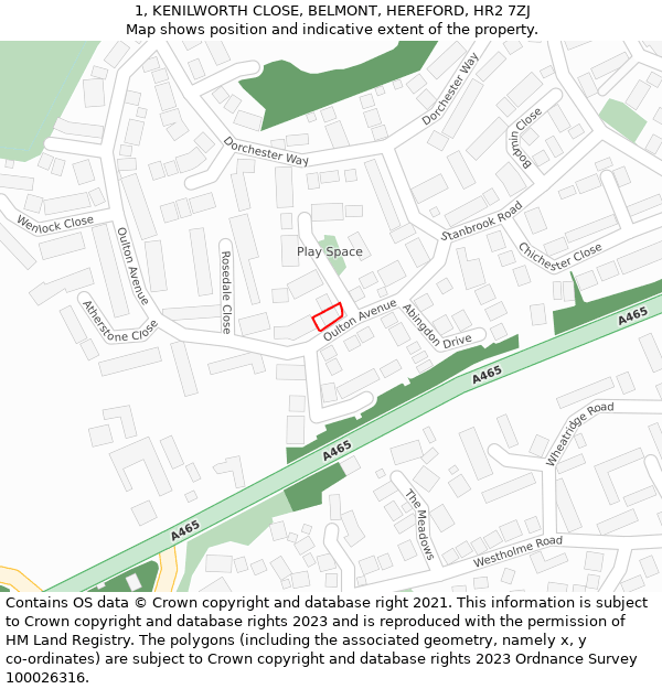 1, KENILWORTH CLOSE, BELMONT, HEREFORD, HR2 7ZJ: Location map and indicative extent of plot