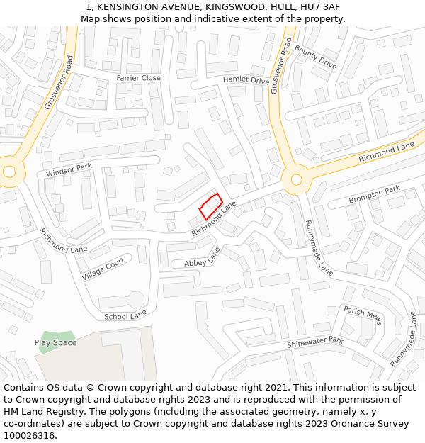 1, KENSINGTON AVENUE, KINGSWOOD, HULL, HU7 3AF: Location map and indicative extent of plot