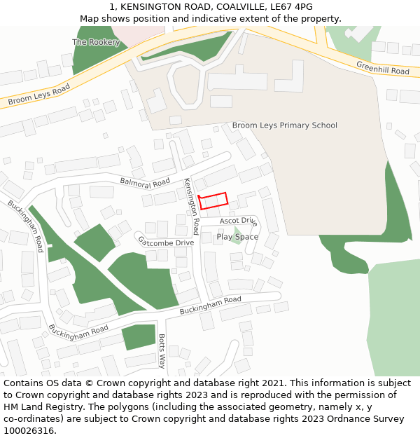 1, KENSINGTON ROAD, COALVILLE, LE67 4PG: Location map and indicative extent of plot