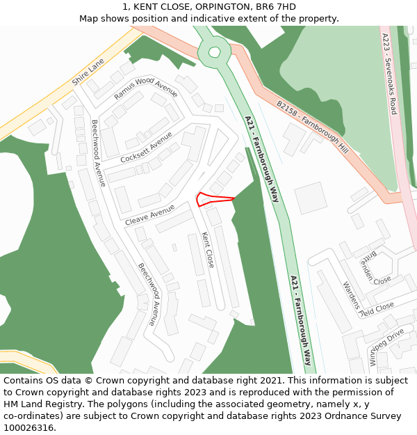 1, KENT CLOSE, ORPINGTON, BR6 7HD: Location map and indicative extent of plot