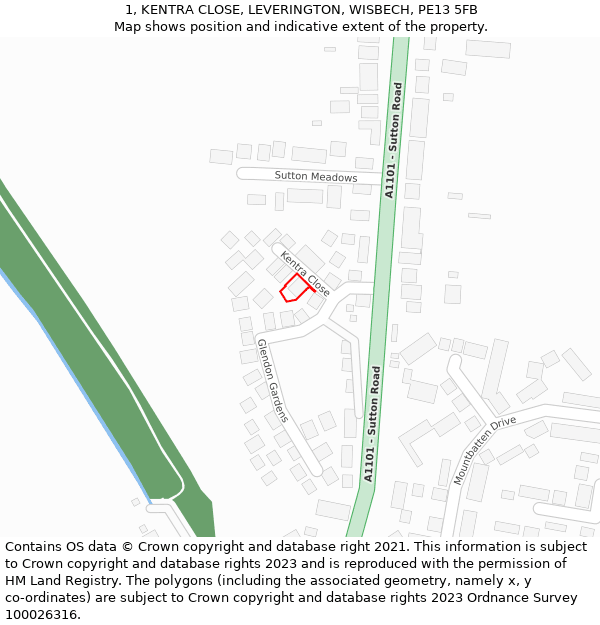 1, KENTRA CLOSE, LEVERINGTON, WISBECH, PE13 5FB: Location map and indicative extent of plot