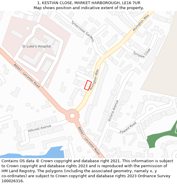 1, KESTIAN CLOSE, MARKET HARBOROUGH, LE16 7UR: Location map and indicative extent of plot