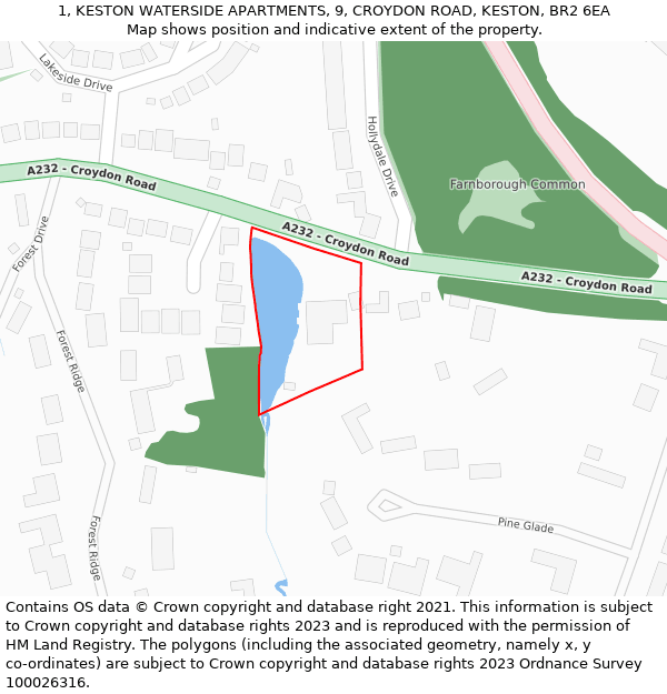 1, KESTON WATERSIDE APARTMENTS, 9, CROYDON ROAD, KESTON, BR2 6EA: Location map and indicative extent of plot