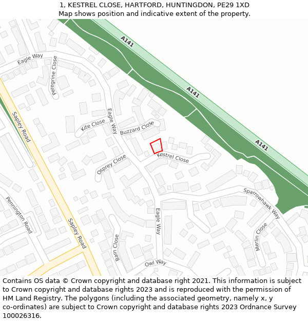 1, KESTREL CLOSE, HARTFORD, HUNTINGDON, PE29 1XD: Location map and indicative extent of plot