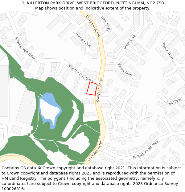 1, KILLERTON PARK DRIVE, WEST BRIDGFORD, NOTTINGHAM, NG2 7SB: Location map and indicative extent of plot