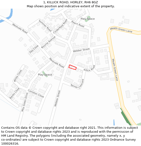 1, KILLICK ROAD, HORLEY, RH6 8GZ: Location map and indicative extent of plot